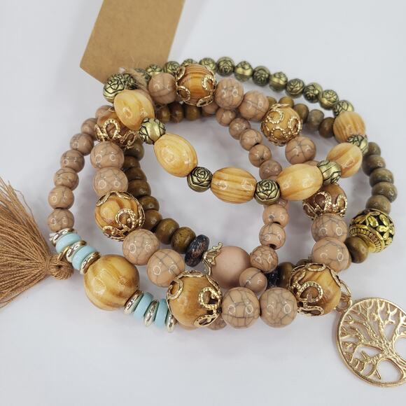 4 pc Stretch BOHO Brown Beaded Bracelet Earthtones Bohemian Sunshine Vibez - Picture 7 of 8